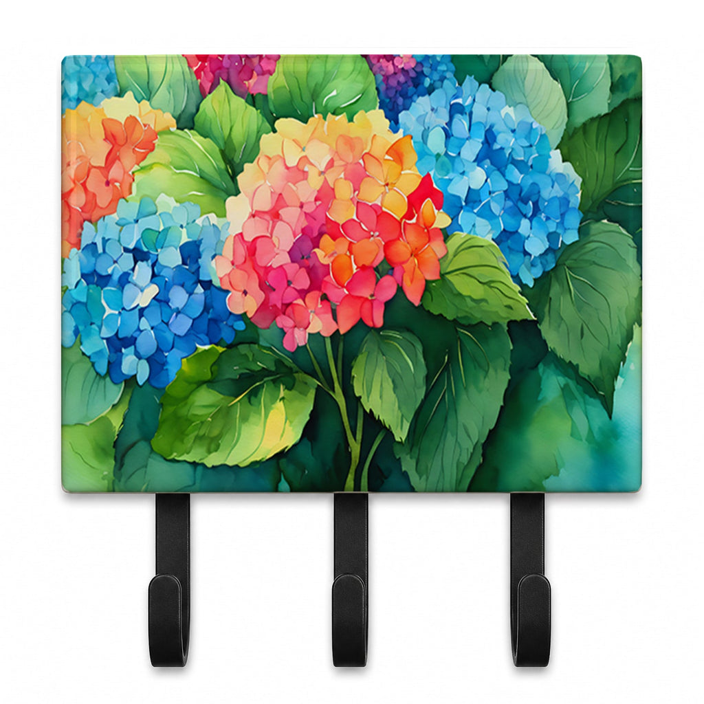 Hydrangeas in Watercolor Leash or Key Holder Wall Hooks, Coat Rack Wall Mount, for Hanging Keys, Towels, Aprons, Leashes