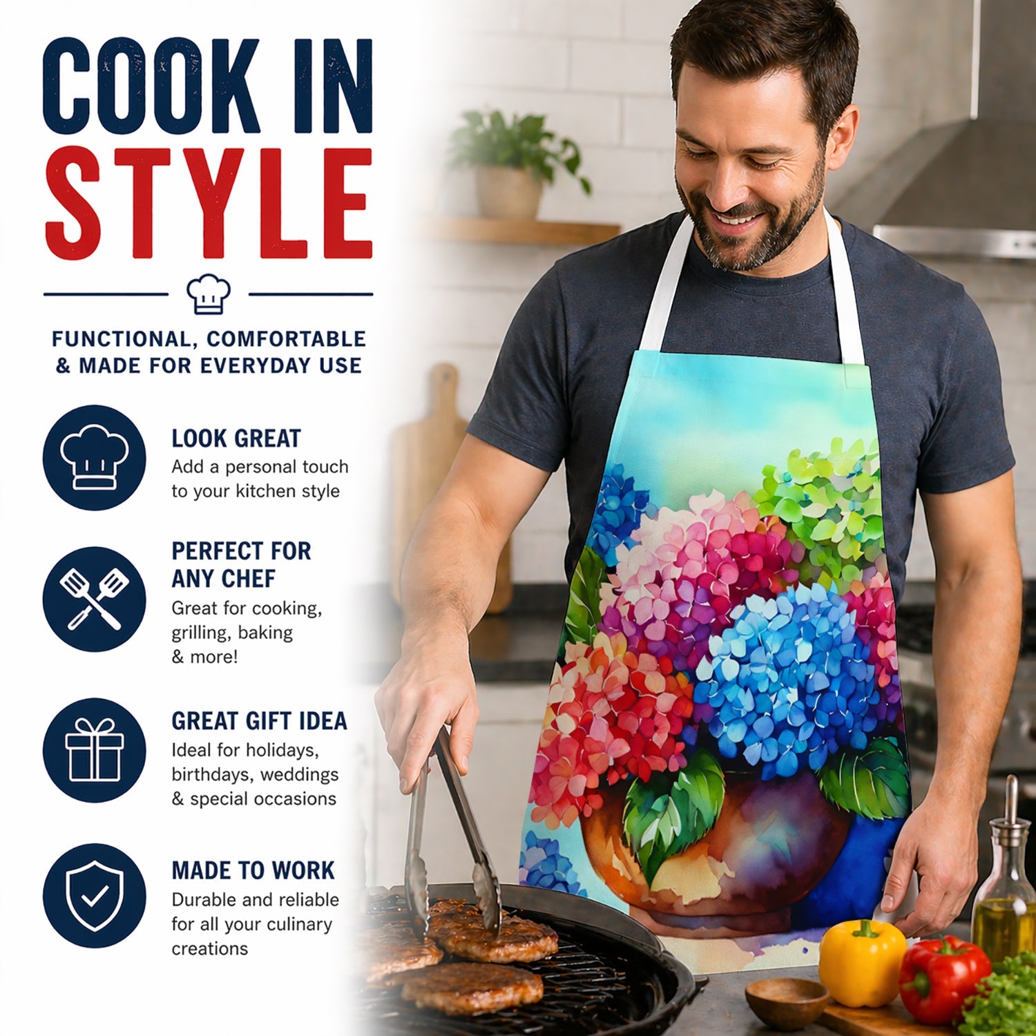 Hydrangeas in Watercolor Apron Cooking Kitchen Server Baking Crafts Gardening for Adult Women Men, Unisex, Large, Multicolor