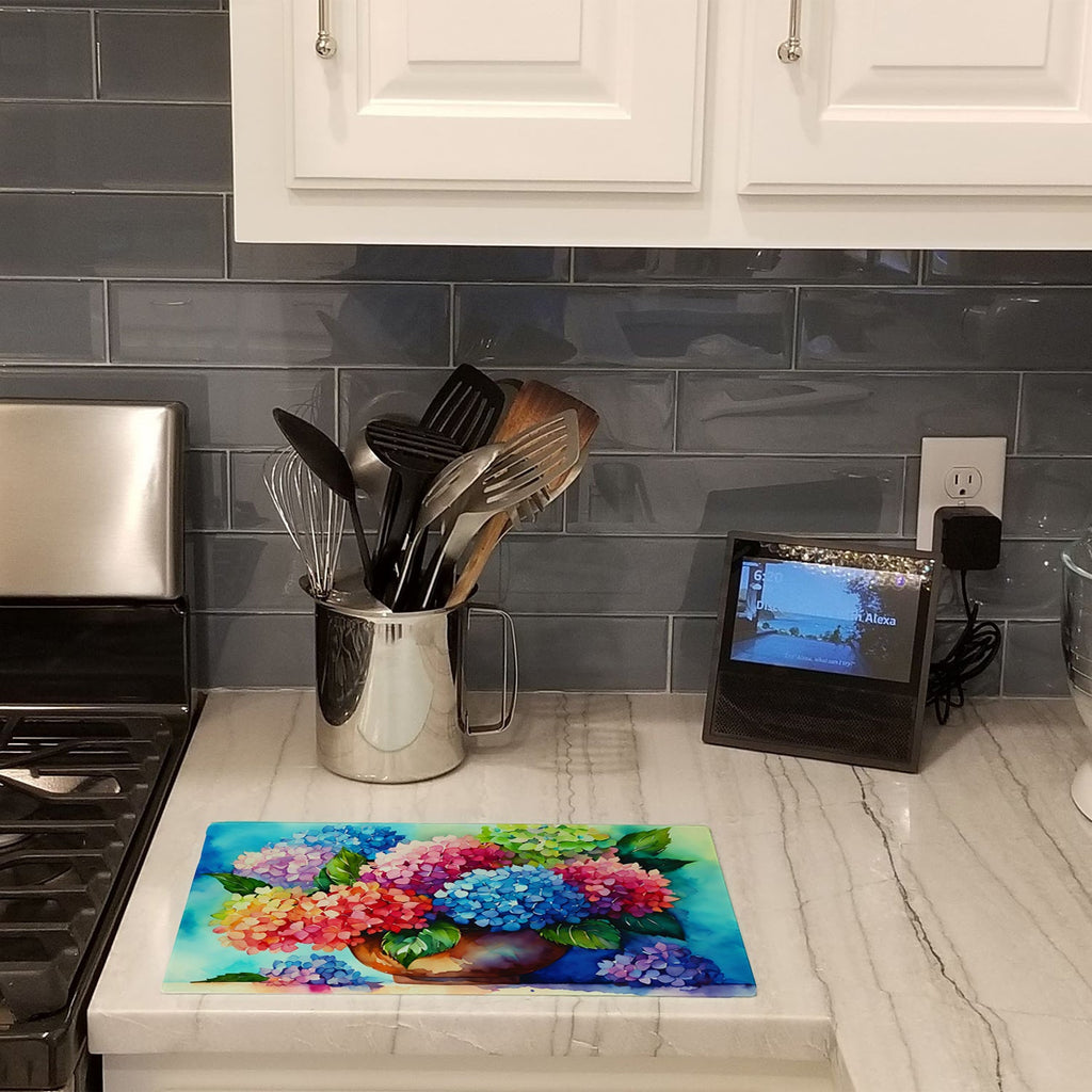 Hydrangeas in Watercolor Cutting Board Tempered Glass Kitchen Cutting Surface, Heat Resistant Chopping, Non-Slip Feet, Food Prep & Serving