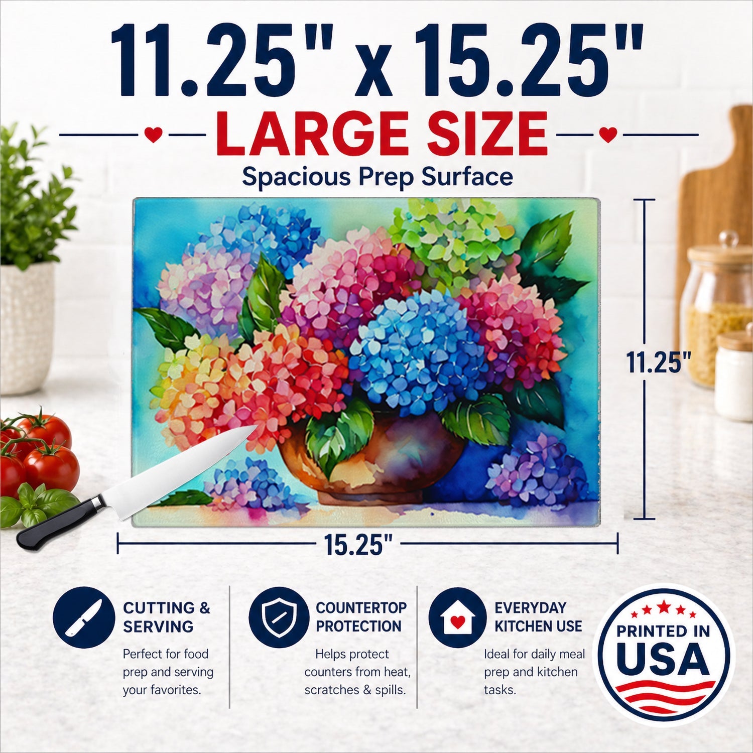 Hydrangeas in Watercolor Cutting Board Tempered Glass Kitchen Cutting Surface, Heat Resistant Chopping, Non-Slip Feet, Food Prep & Serving