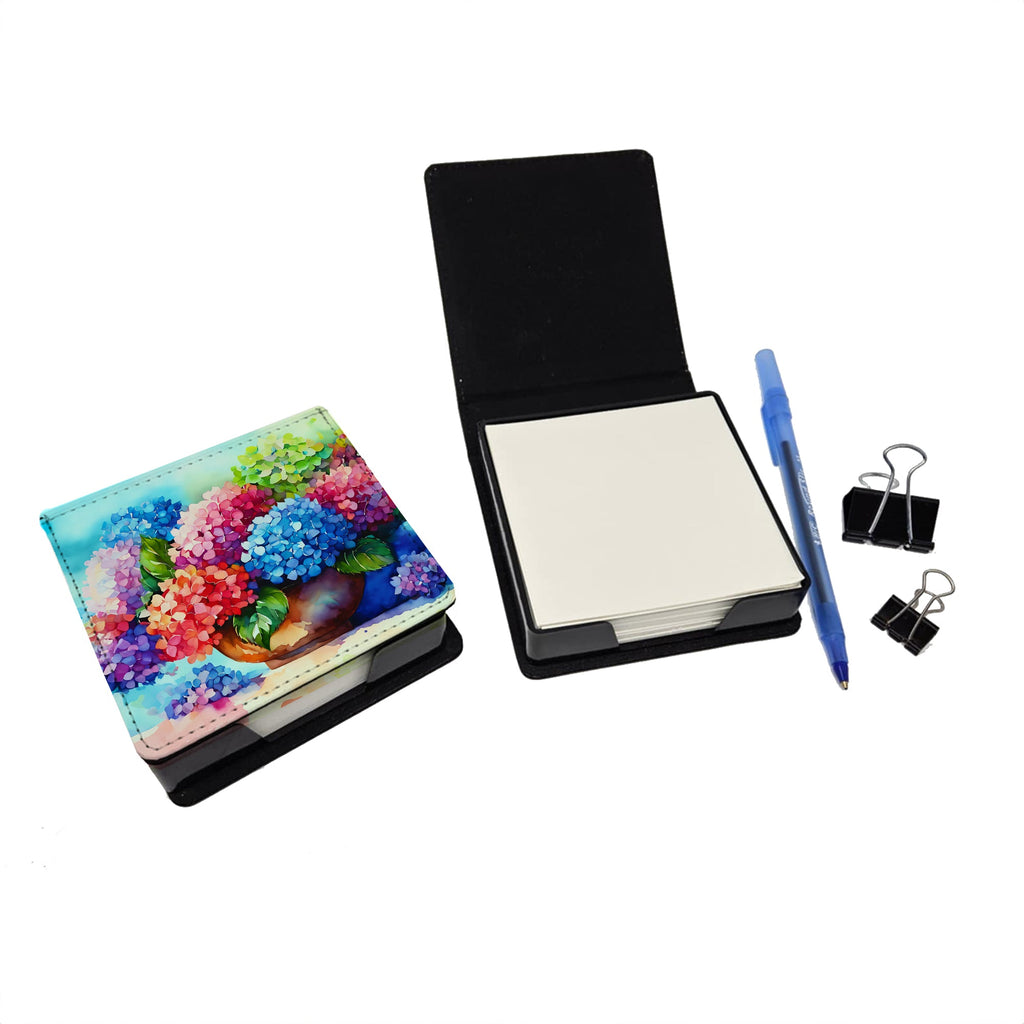Hydrangeas in Watercolor PU Leather Note Paper Holder with Artist-Designed Cover, Desk Accessory, Office Gift
