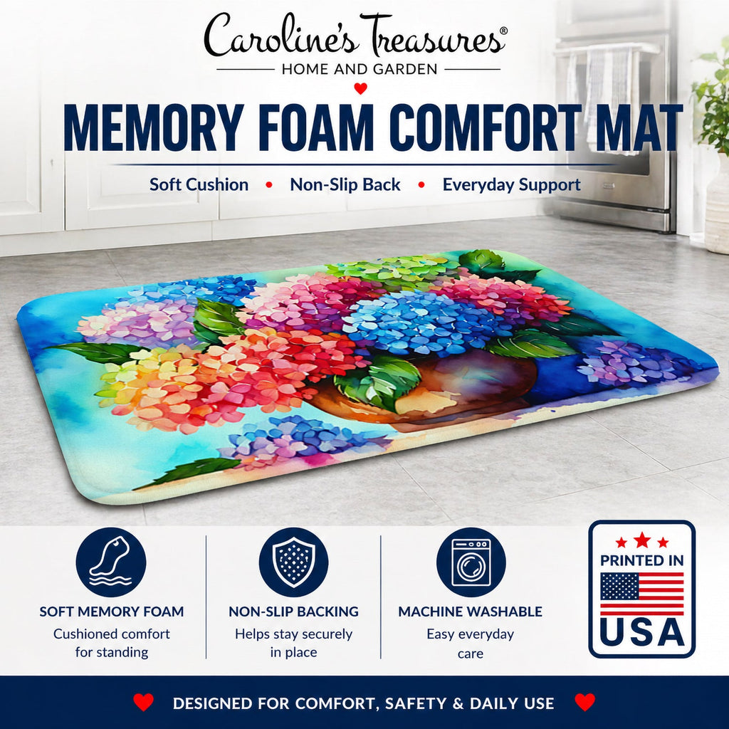 Hydrangeas in Watercolor Memory Foam Kitchen Mat Machine Washable Anti-Fatigue Cushion Comfort Bath or Kitchen Rug