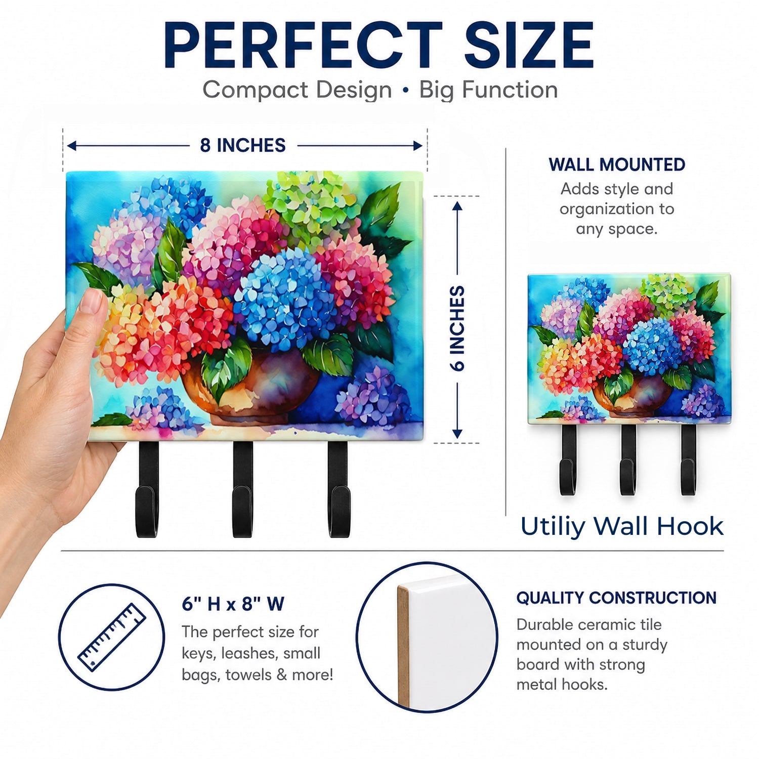 Hydrangeas in Watercolor Leash or Key Holder Wall Hooks, Coat Rack Wall Mount, for Hanging Keys, Towels, Aprons, Leashes