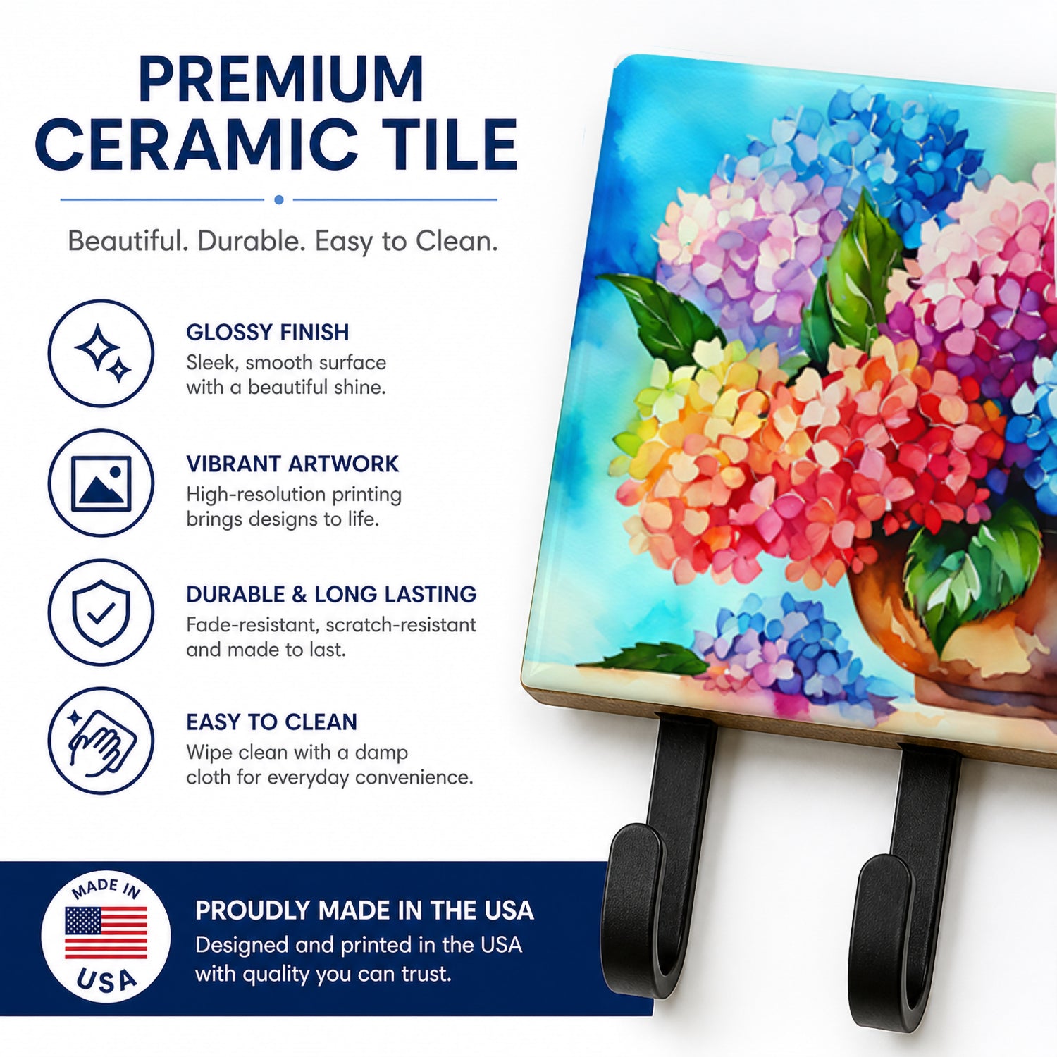 Hydrangeas in Watercolor Leash or Key Holder Wall Hooks, Coat Rack Wall Mount, for Hanging Keys, Towels, Aprons, Leashes