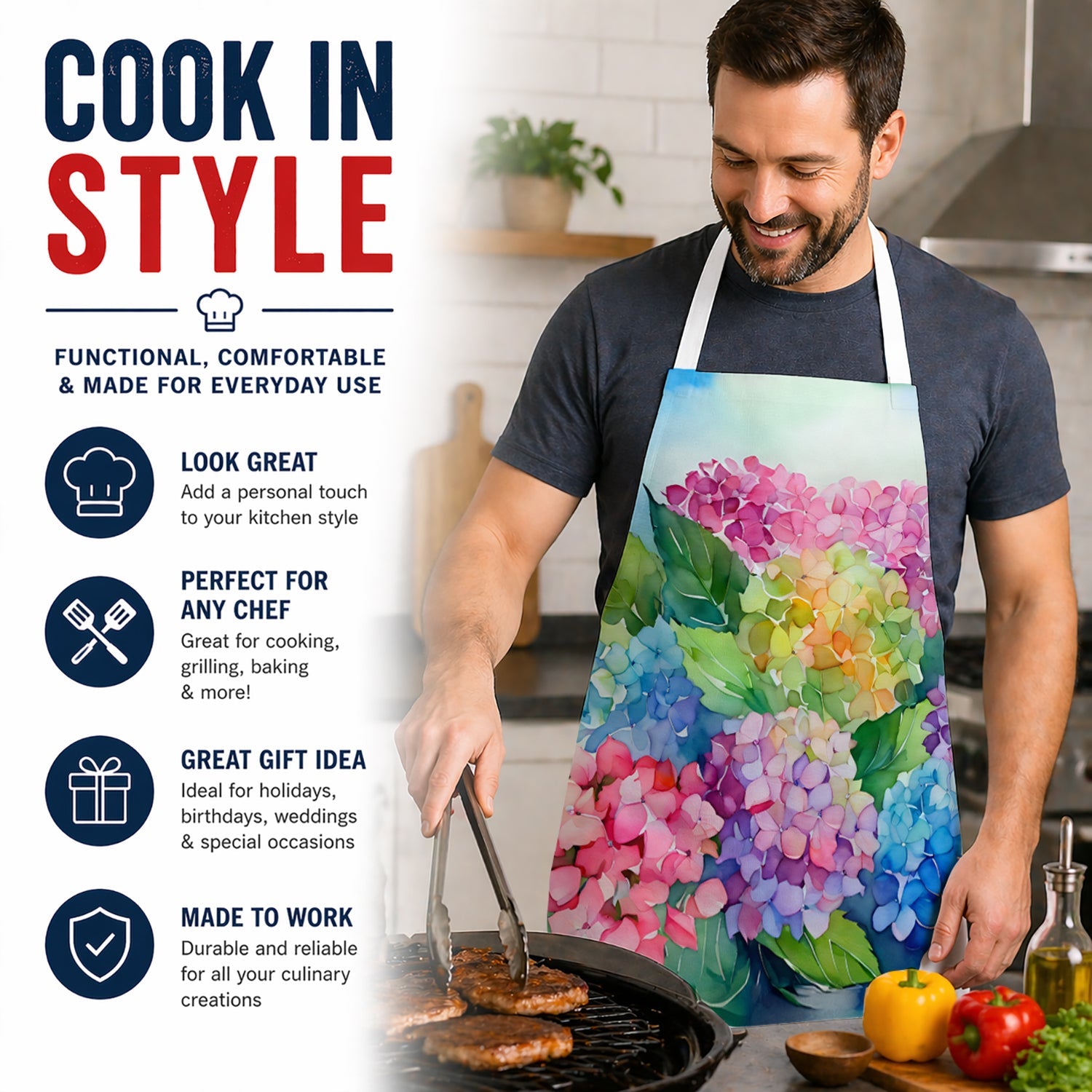 Hydrangeas in Watercolor Apron Cooking Kitchen Server Baking Crafts Gardening for Adult Women Men, Unisex, Large, Multicolor
