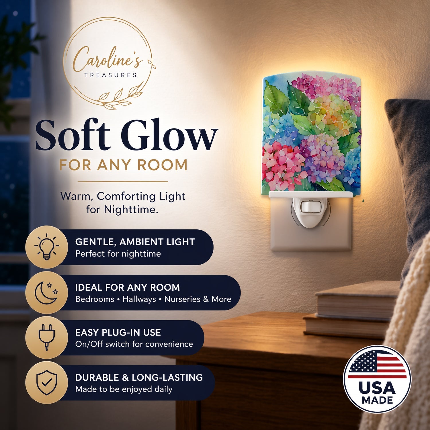 Hydrangeas in Watercolor Ceramic Night Light Compact, UL-Certified, Ideal for Bedroom, Bathroom, Nursery, Hallway, Kitchen, 6x4x3, Multicolor