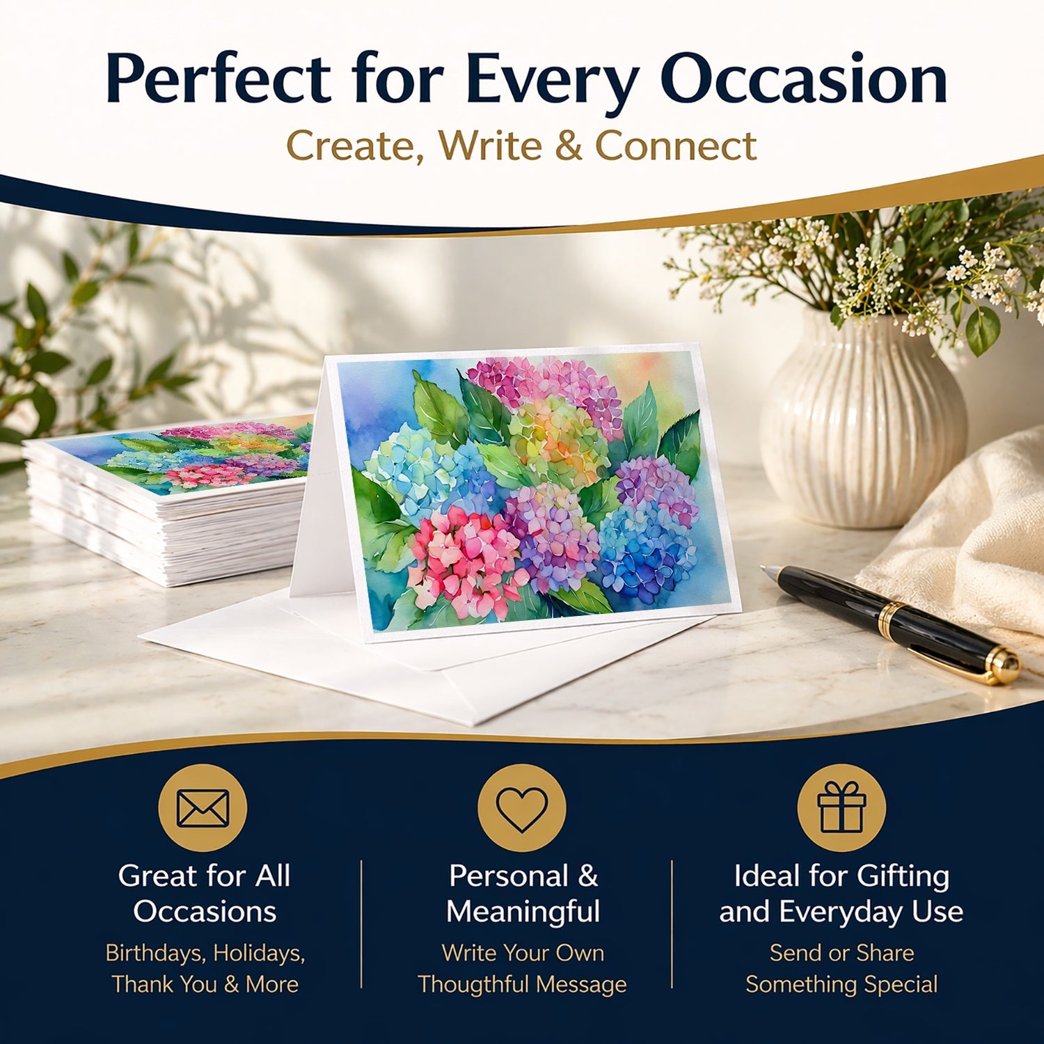 Hydrangeas in Watercolor Greeting Cards Pack of 8 Blank Cards with Envelopes Whimsical A7 Size 5x7