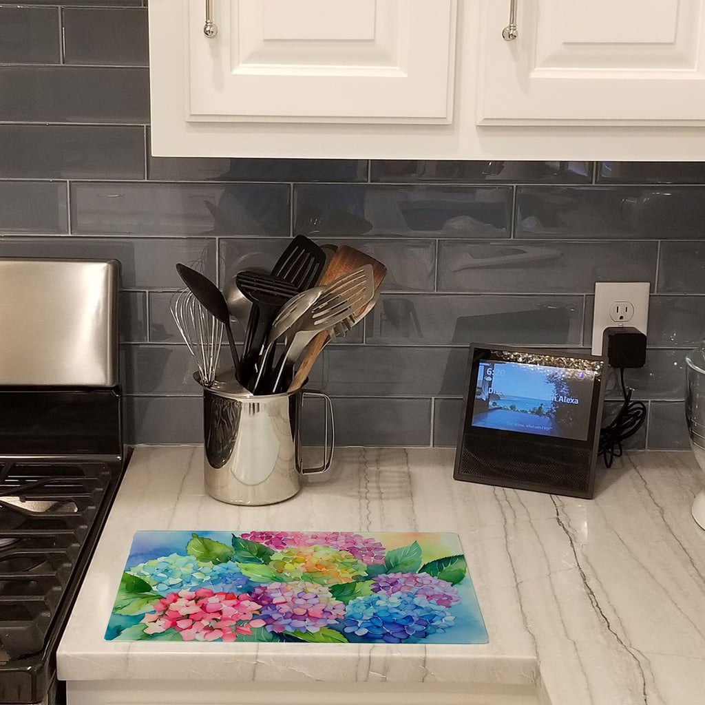 Hydrangeas in Watercolor Cutting Board Tempered Glass Kitchen Cutting Surface, Heat Resistant Chopping, Non-Slip Feet, Food Prep & Serving