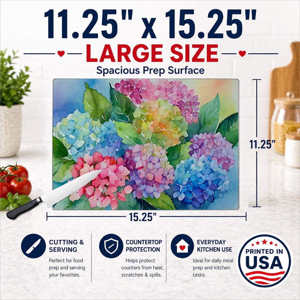 Hydrangeas in Watercolor Cutting Board Tempered Glass Kitchen Cutting Surface, Heat Resistant Chopping, Non-Slip Feet, Food Prep & Serving