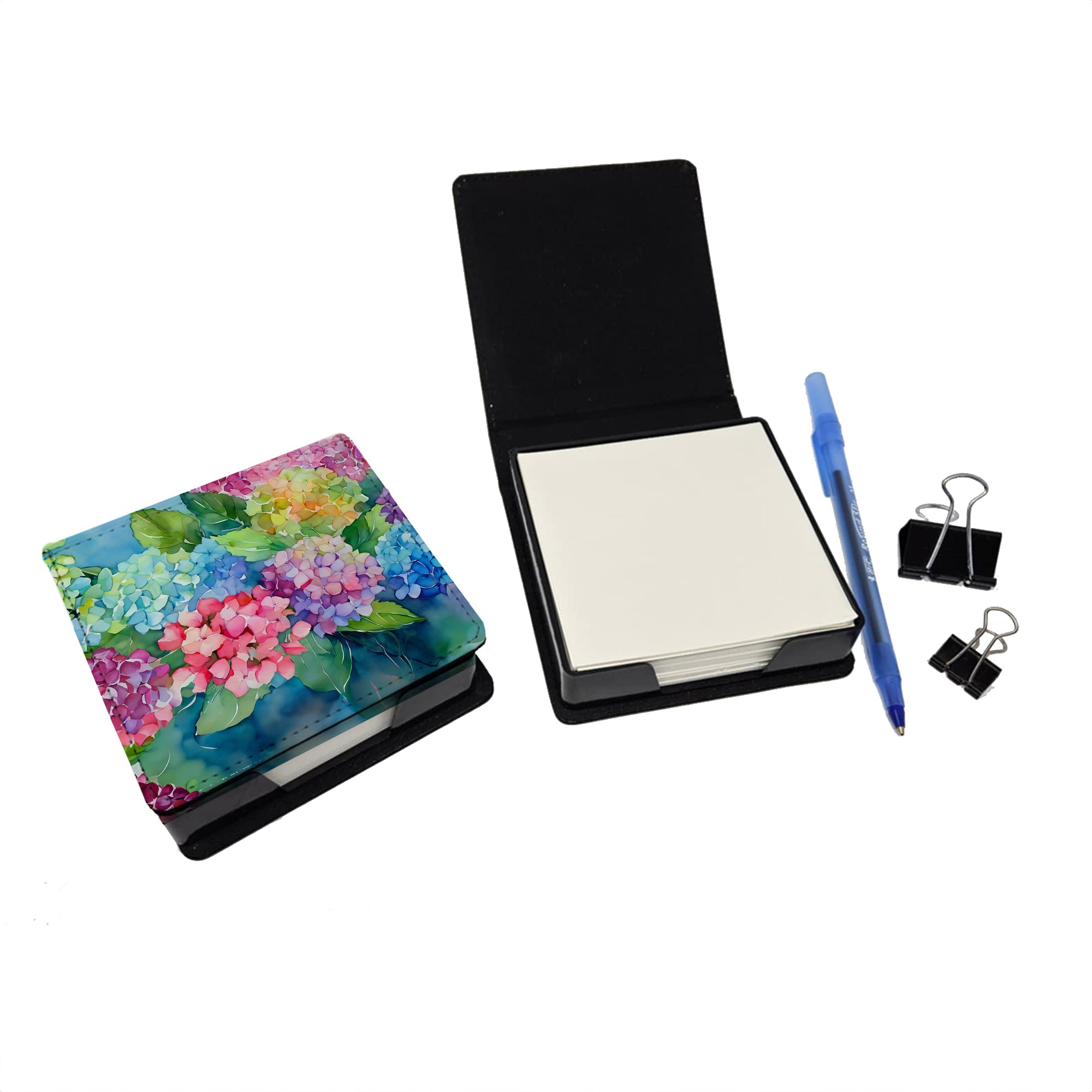 Hydrangeas in Watercolor PU Leather Note Paper Holder with Artist-Designed Cover, Desk Accessory, Office Gift