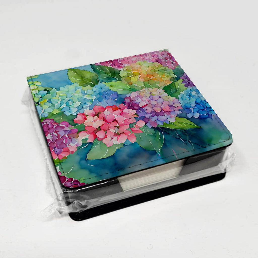 Hydrangeas in Watercolor PU Leather Note Paper Holder with Artist-Designed Cover, Desk Accessory, Office Gift