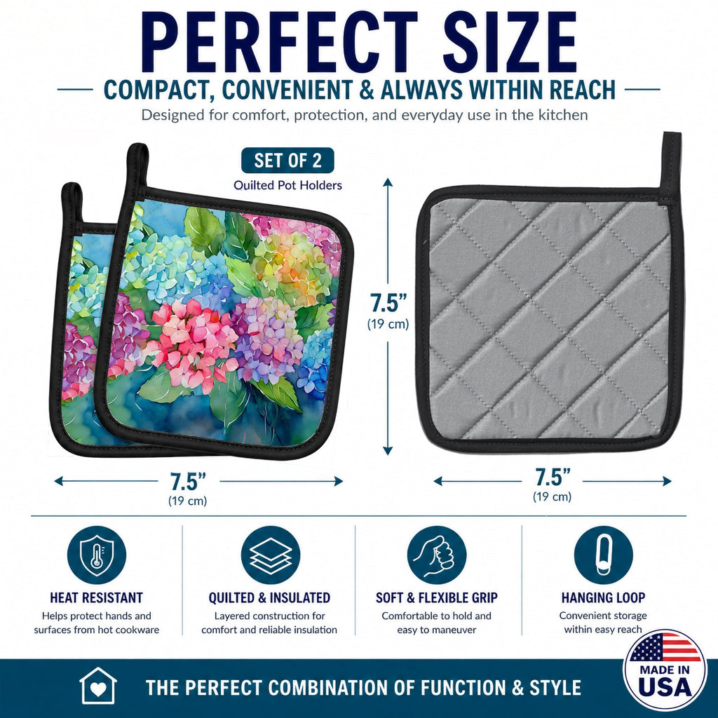Hydrangeas in Watercolor Pot Holder Set of 2 Heat Resistant Quilted Hot Pads 7.5 x 7.5 Inch, Insulated Kitchen Trivets for Cooking & Baking