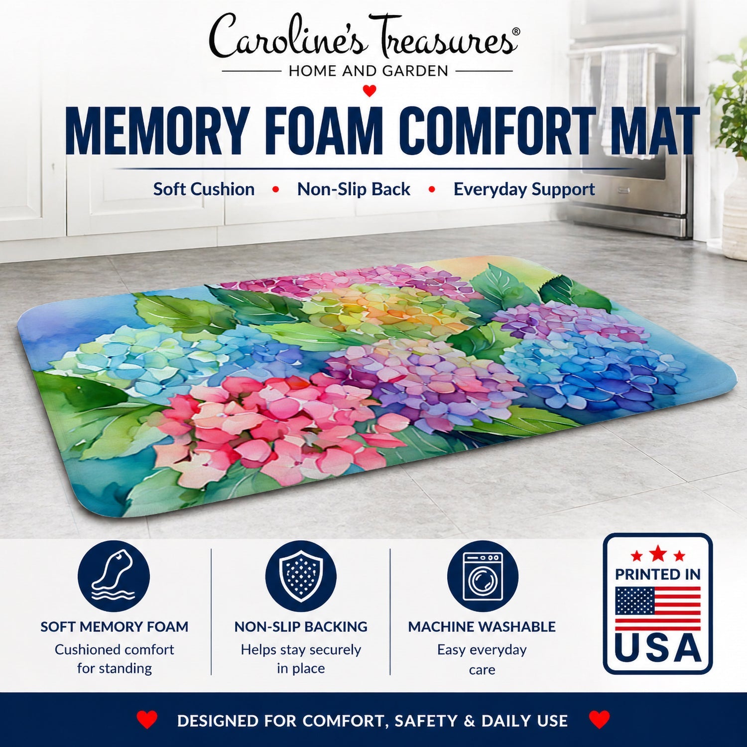 Hydrangeas in Watercolor Memory Foam Kitchen Mat Machine Washable Anti-Fatigue Cushion Comfort Bath or Kitchen Rug