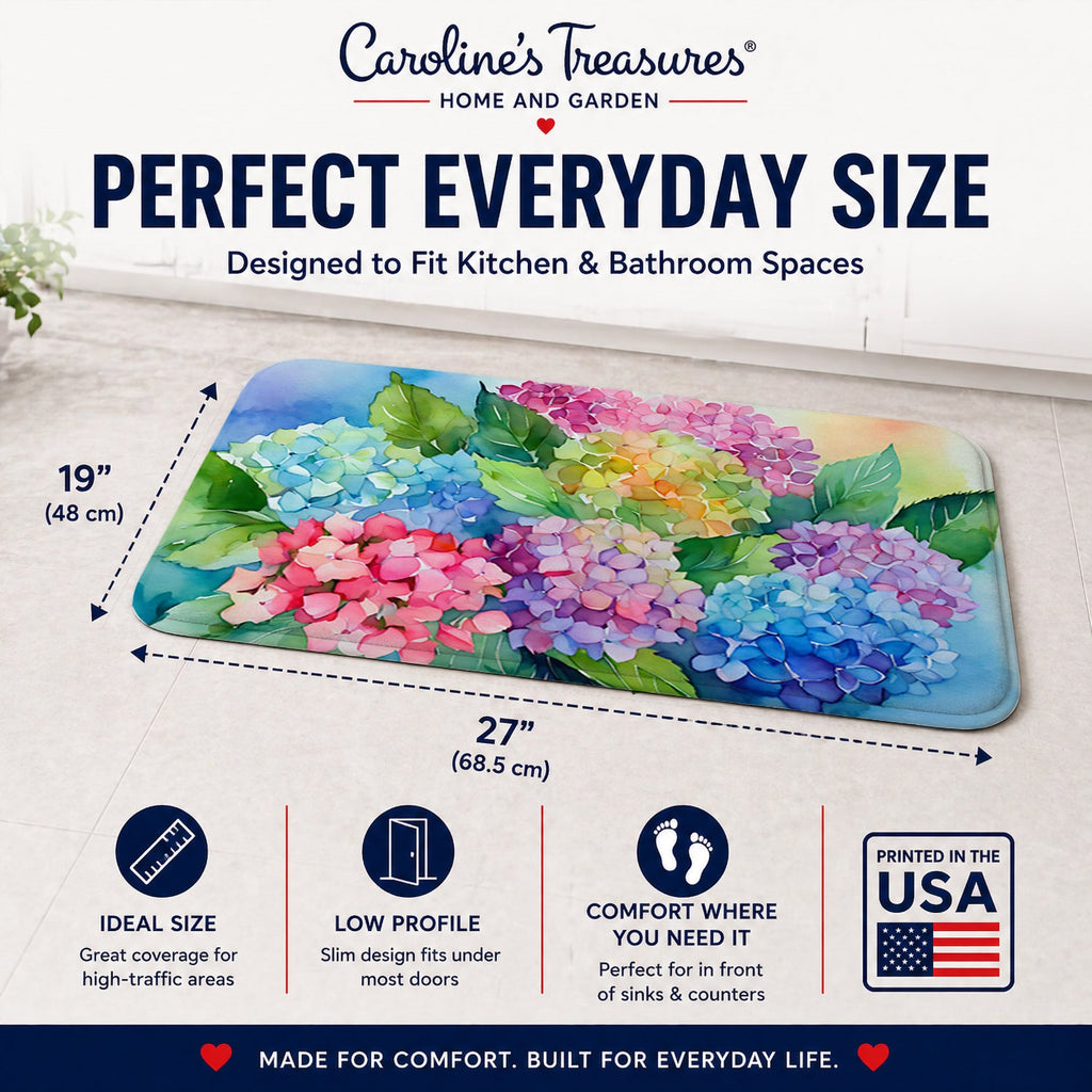 Hydrangeas in Watercolor Memory Foam Kitchen Mat Machine Washable Anti-Fatigue Cushion Comfort Bath or Kitchen Rug