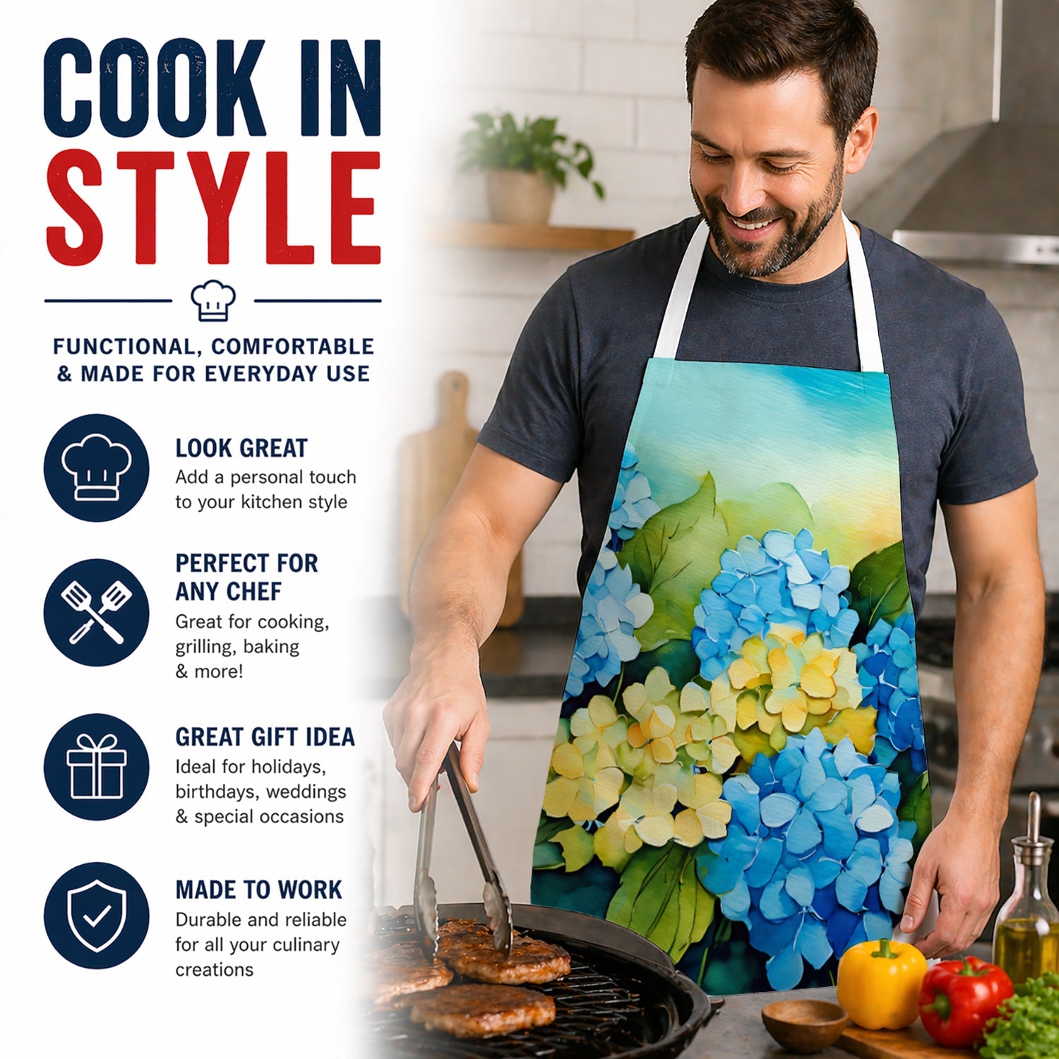 Hydrangeas in Watercolor Apron Cooking Kitchen Server Baking Crafts Gardening for Adult Women Men, Unisex, Large, Multicolor