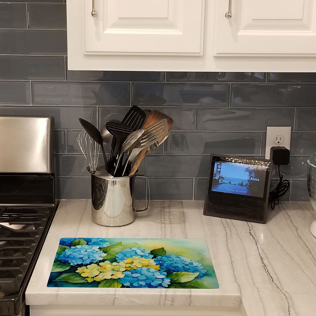 Hydrangeas in Watercolor Cutting Board Tempered Glass Kitchen Cutting Surface, Heat Resistant Chopping, Non-Slip Feet, Food Prep & Serving