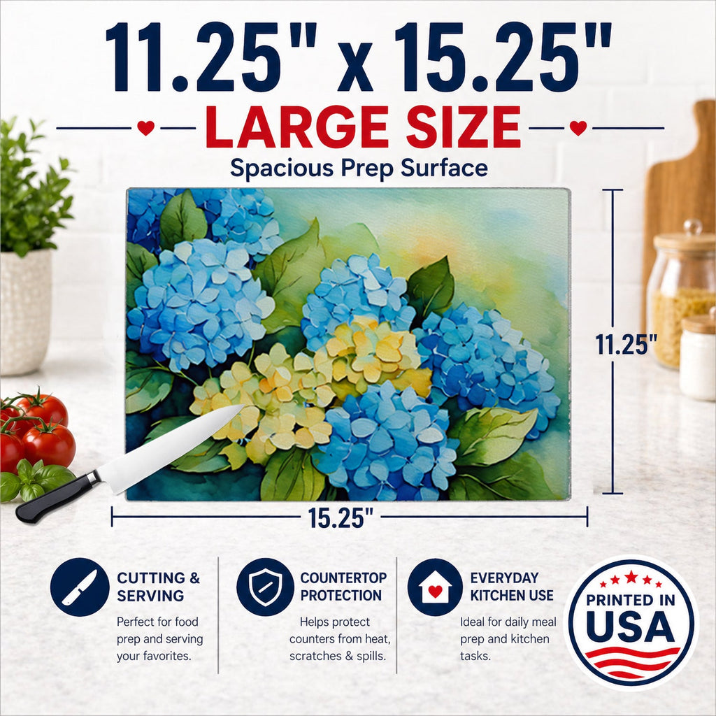 Hydrangeas in Watercolor Cutting Board Tempered Glass Kitchen Cutting Surface, Heat Resistant Chopping, Non-Slip Feet, Food Prep & Serving