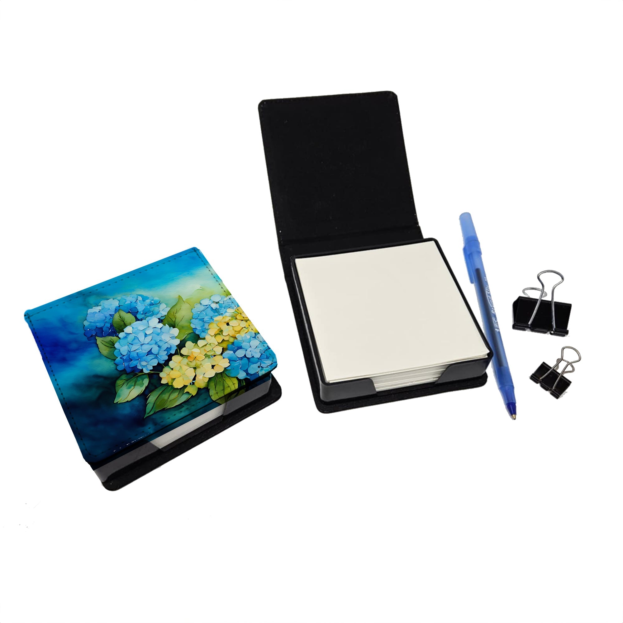Hydrangeas in Watercolor PU Leather Note Paper Holder with Artist-Designed Cover, Desk Accessory, Office Gift