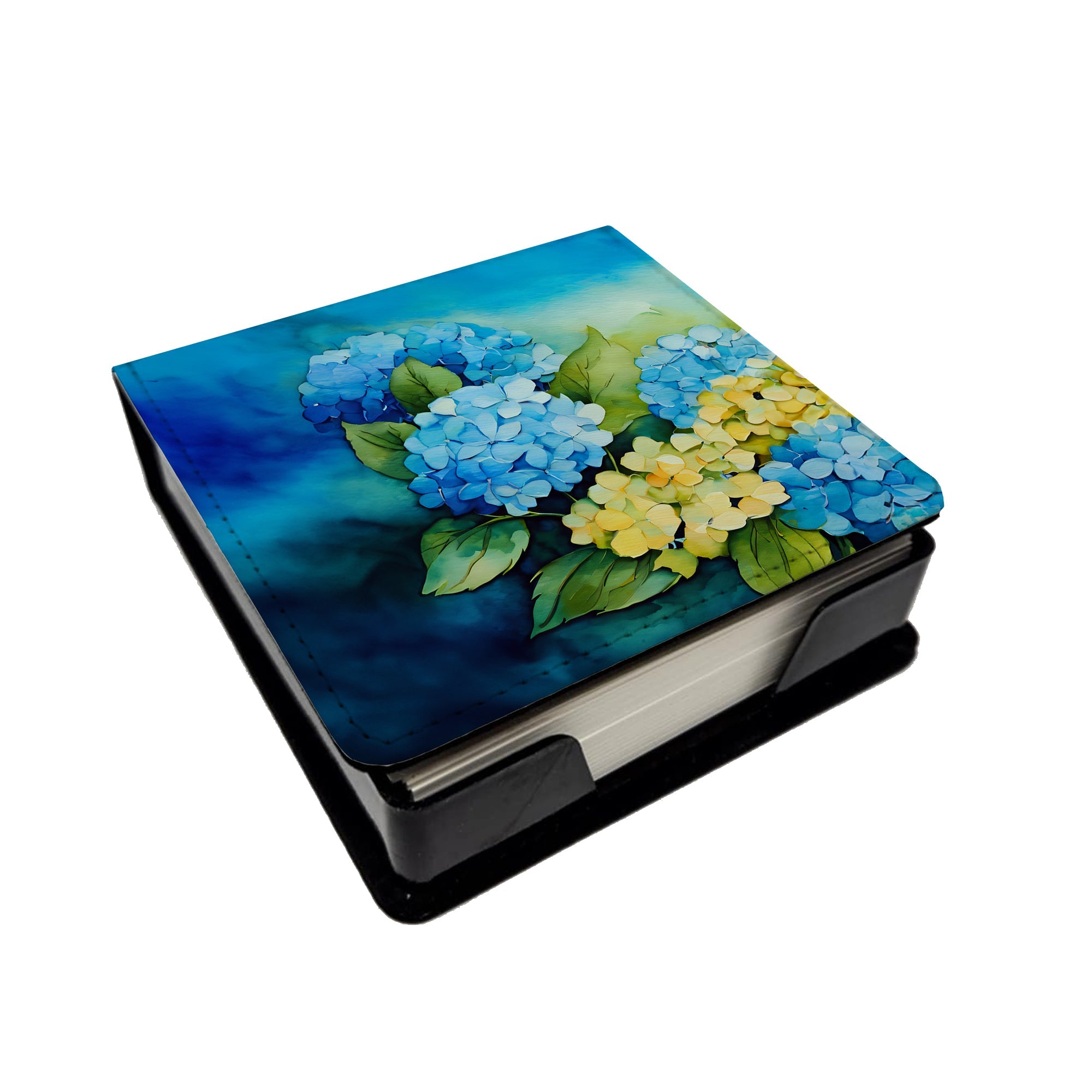 Hydrangeas in Watercolor PU Leather Note Paper Holder with Artist-Designed Cover, Desk Accessory, Office Gift