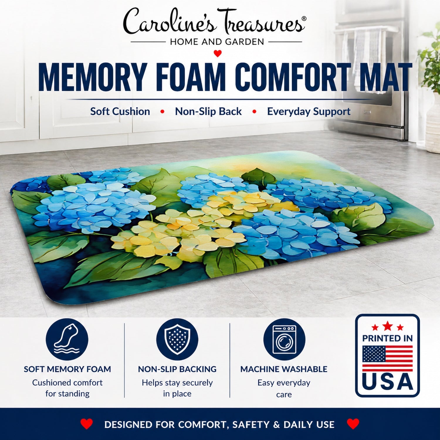 Hydrangeas in Watercolor Memory Foam Kitchen Mat Machine Washable Anti-Fatigue Cushion Comfort Bath or Kitchen Rug