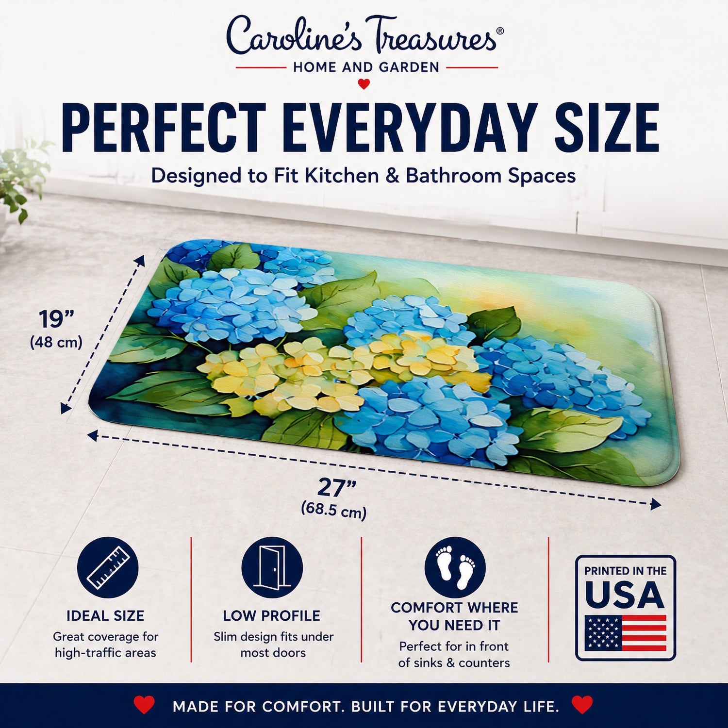 Hydrangeas in Watercolor Memory Foam Kitchen Mat Machine Washable Anti-Fatigue Cushion Comfort Bath or Kitchen Rug