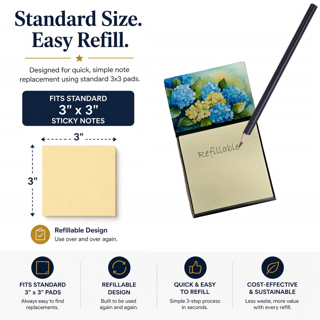 Hydrangeas in Watercolor Watercolor Sticky Note Holder Refillable Dispenser Desk Accessory 3x3 Pad Gift