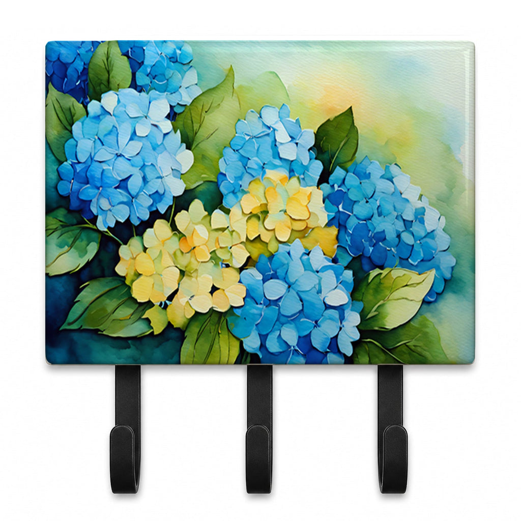 Hydrangeas in Watercolor Leash or Key Holder Wall Hooks, Coat Rack Wall Mount, for Hanging Keys, Towels, Aprons, Leashes