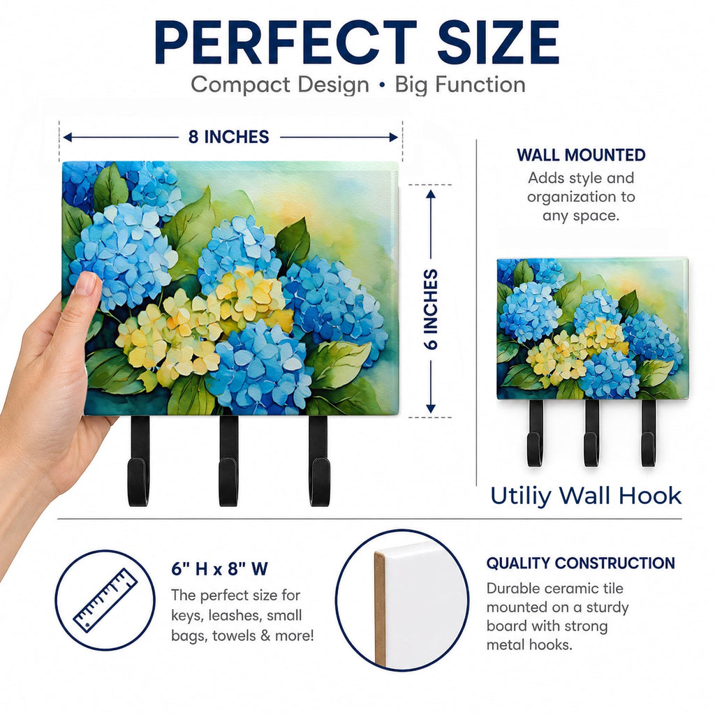 Hydrangeas in Watercolor Leash or Key Holder Wall Hooks, Coat Rack Wall Mount, for Hanging Keys, Towels, Aprons, Leashes