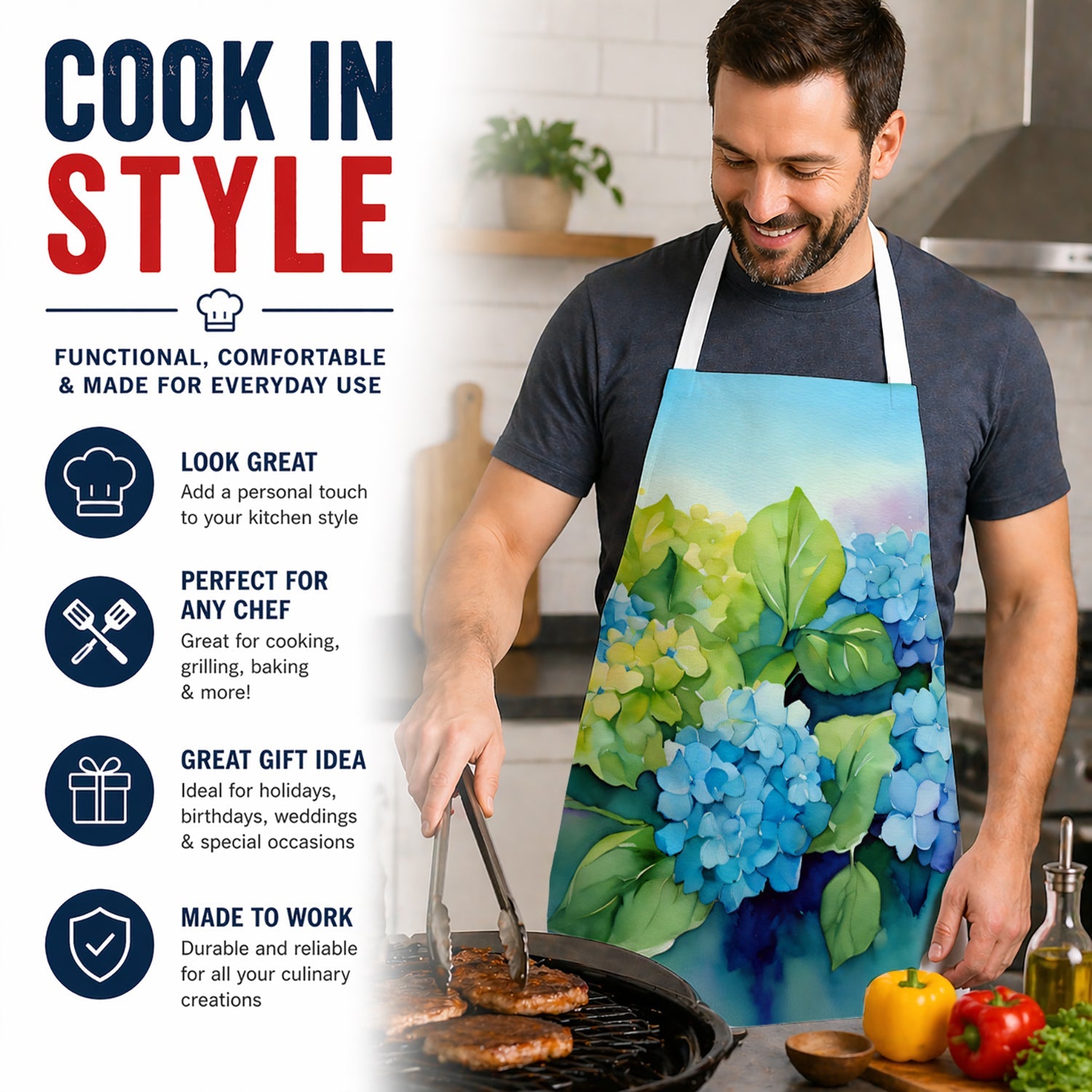 Hydrangeas in Watercolor Apron Cooking Kitchen Server Baking Crafts Gardening for Adult Women Men, Unisex, Large, Multicolor