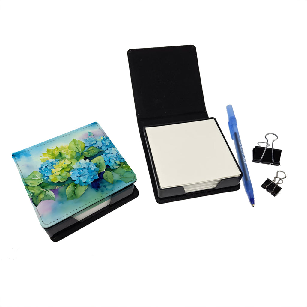 Hydrangeas in Watercolor PU Leather Note Paper Holder with Artist-Designed Cover, Desk Accessory, Office Gift
