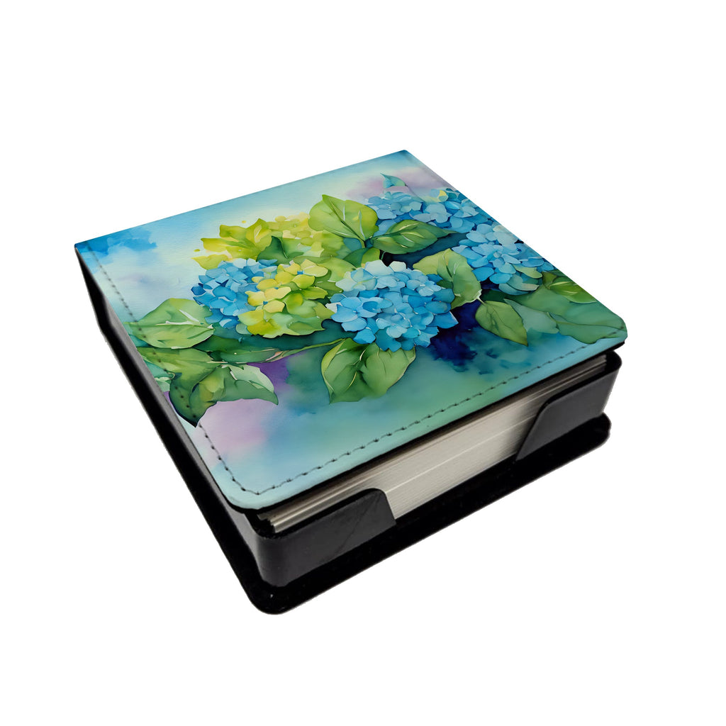 Hydrangeas in Watercolor PU Leather Note Paper Holder with Artist-Designed Cover, Desk Accessory, Office Gift