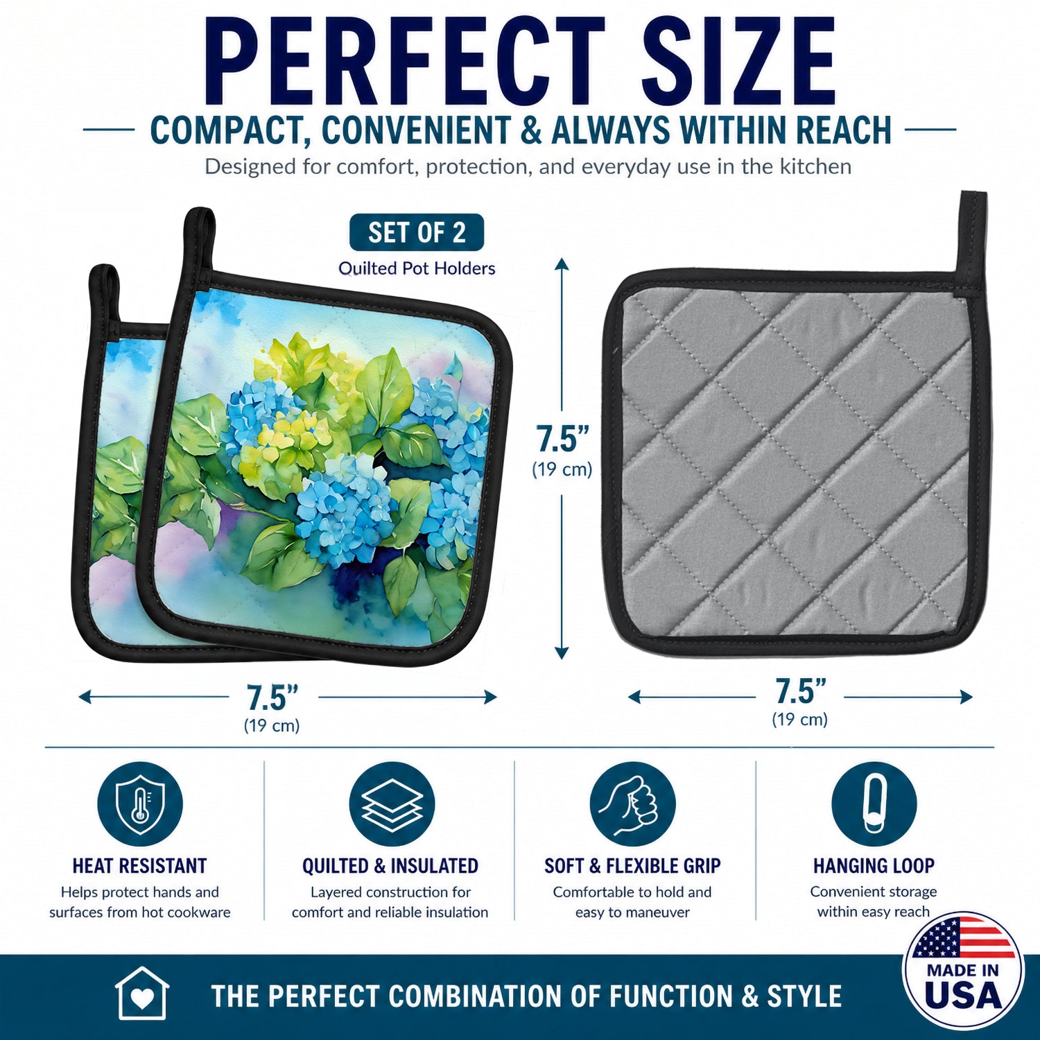 Hydrangeas in Watercolor Pot Holder Set of 2 Heat Resistant Quilted Hot Pads 7.5 x 7.5 Inch, Insulated Kitchen Trivets for Cooking & Baking