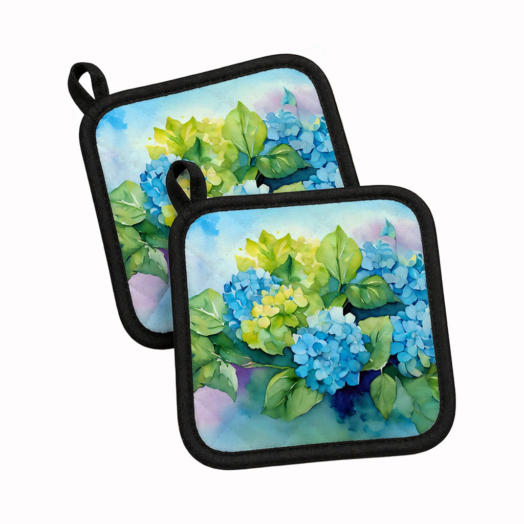 Hydrangeas in Watercolor Pot Holder Set of 2 Heat Resistant Quilted Hot Pads 7.5 x 7.5 Inch, Insulated Kitchen Trivets for Cooking & Baking