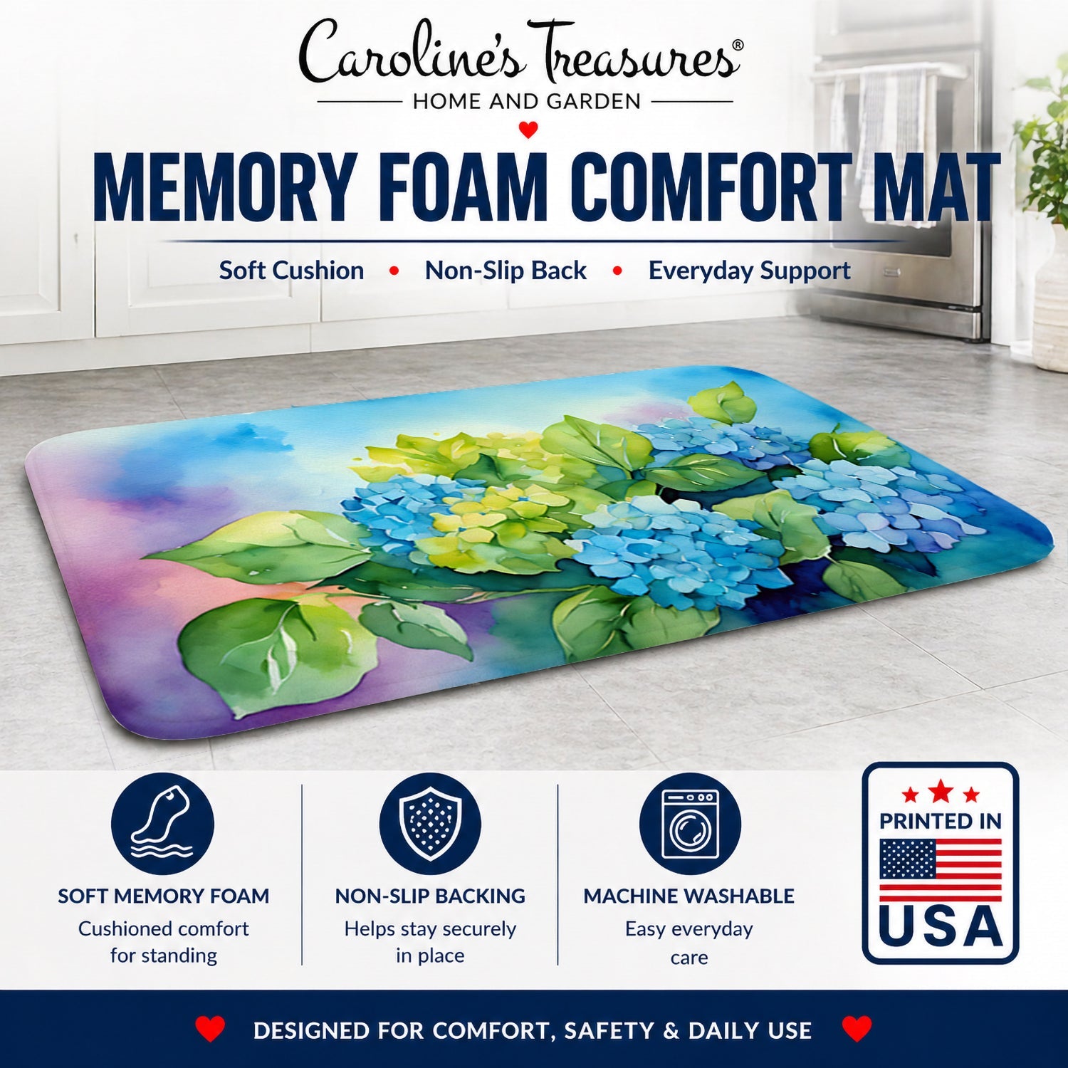 Hydrangeas in Watercolor Memory Foam Kitchen Mat Machine Washable Anti-Fatigue Cushion Comfort Bath or Kitchen Rug