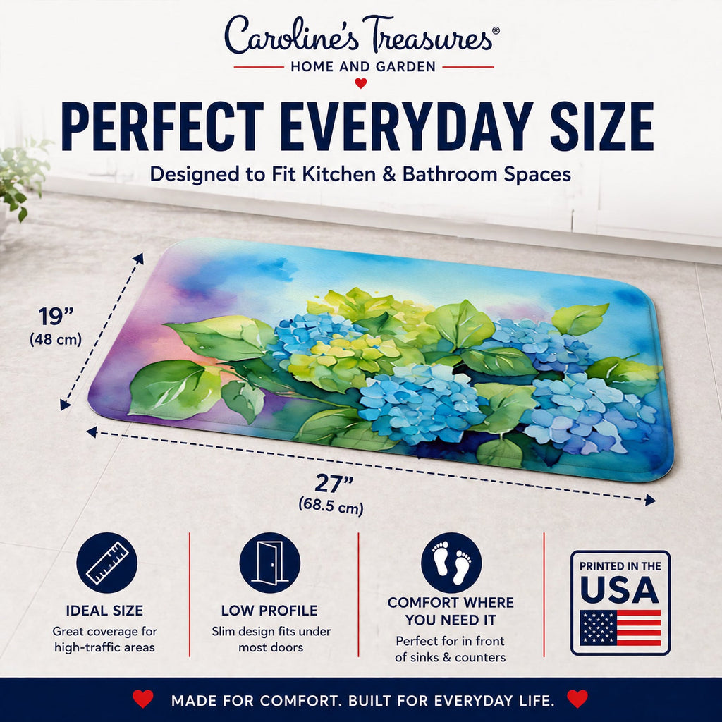 Hydrangeas in Watercolor Memory Foam Kitchen Mat Machine Washable Anti-Fatigue Cushion Comfort Bath or Kitchen Rug