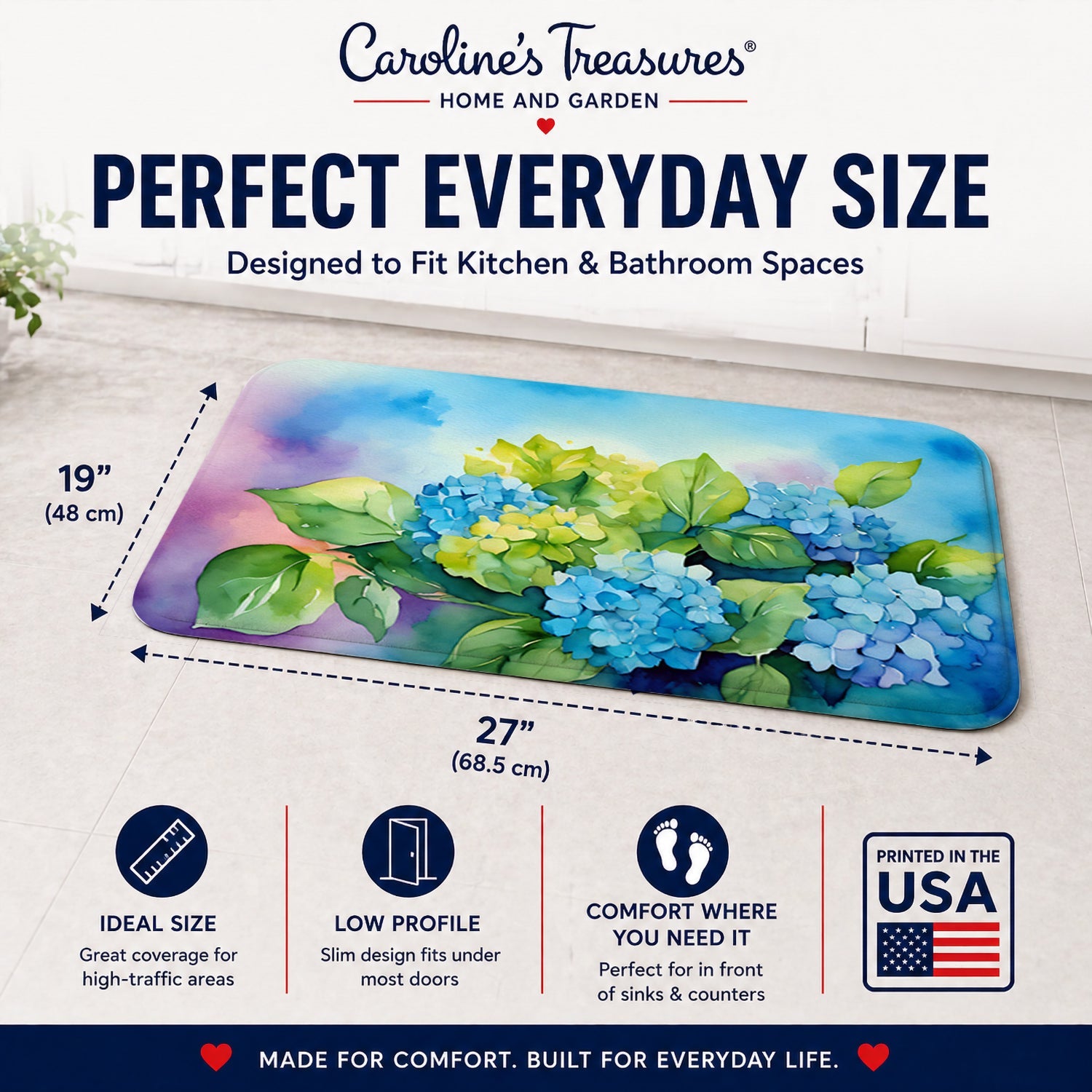 Hydrangeas in Watercolor Memory Foam Kitchen Mat Machine Washable Anti-Fatigue Cushion Comfort Bath or Kitchen Rug