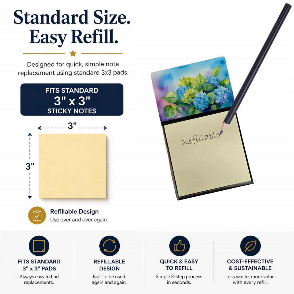 Hydrangeas in Watercolor Watercolor Sticky Note Holder Refillable Dispenser Desk Accessory 3x3 Pad Gift