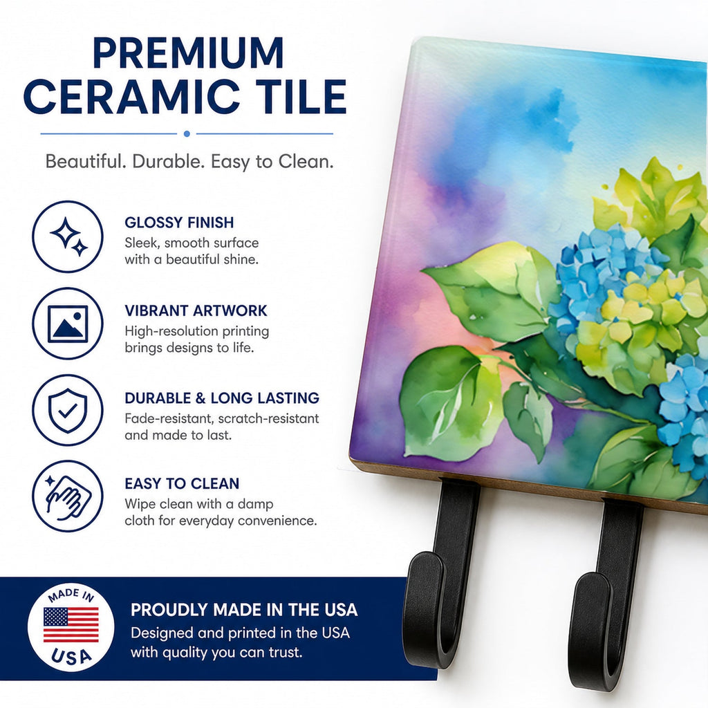 Hydrangeas in Watercolor Leash or Key Holder Wall Hooks, Coat Rack Wall Mount, for Hanging Keys, Towels, Aprons, Leashes