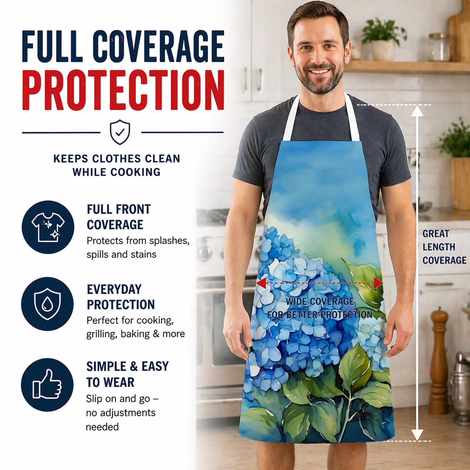 Hydrangeas in Watercolor Apron Cooking Kitchen Server Baking Crafts Gardening for Adult Women Men, Unisex, Large, Multicolor