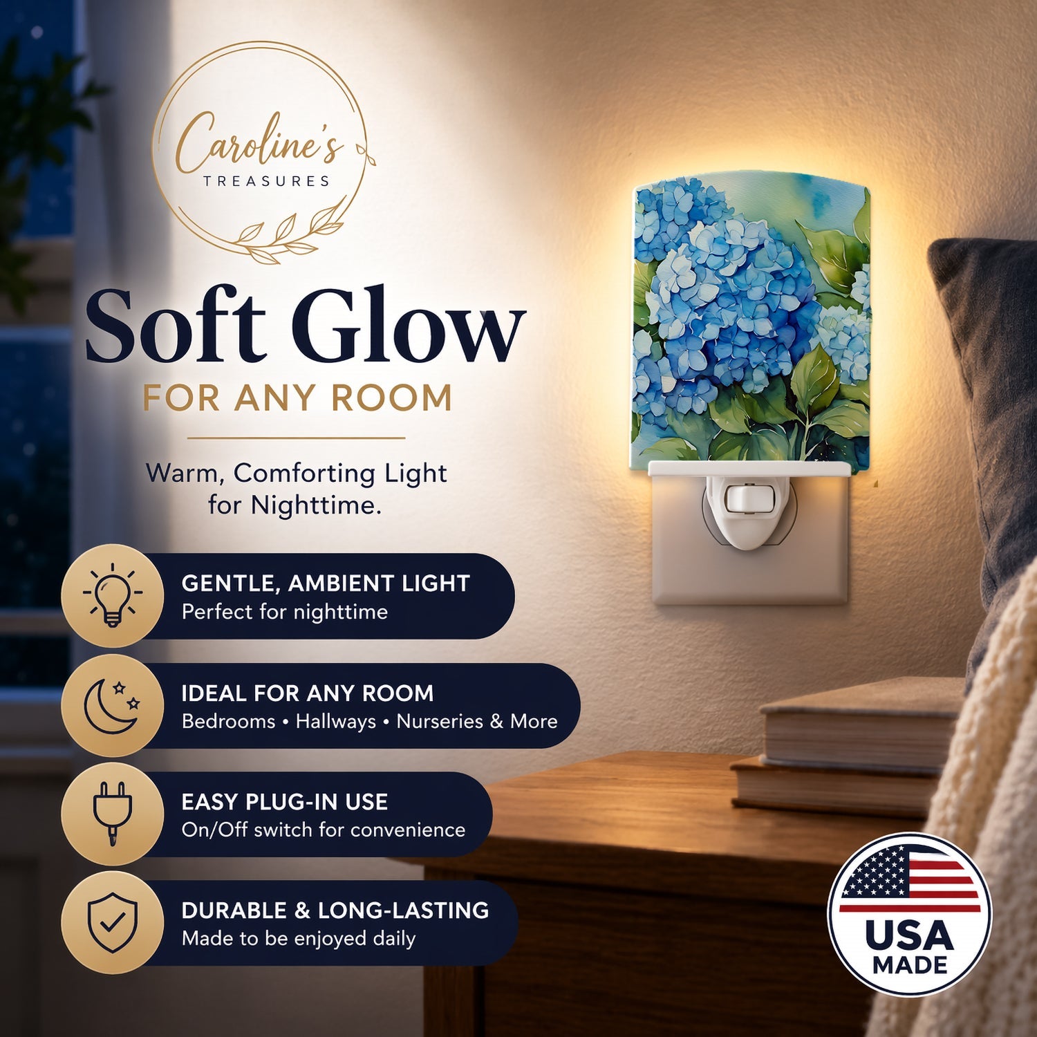 Hydrangeas in Watercolor Ceramic Night Light Compact, UL-Certified, Ideal for Bedroom, Bathroom, Nursery, Hallway, Kitchen, 6x4x3, Multicolor