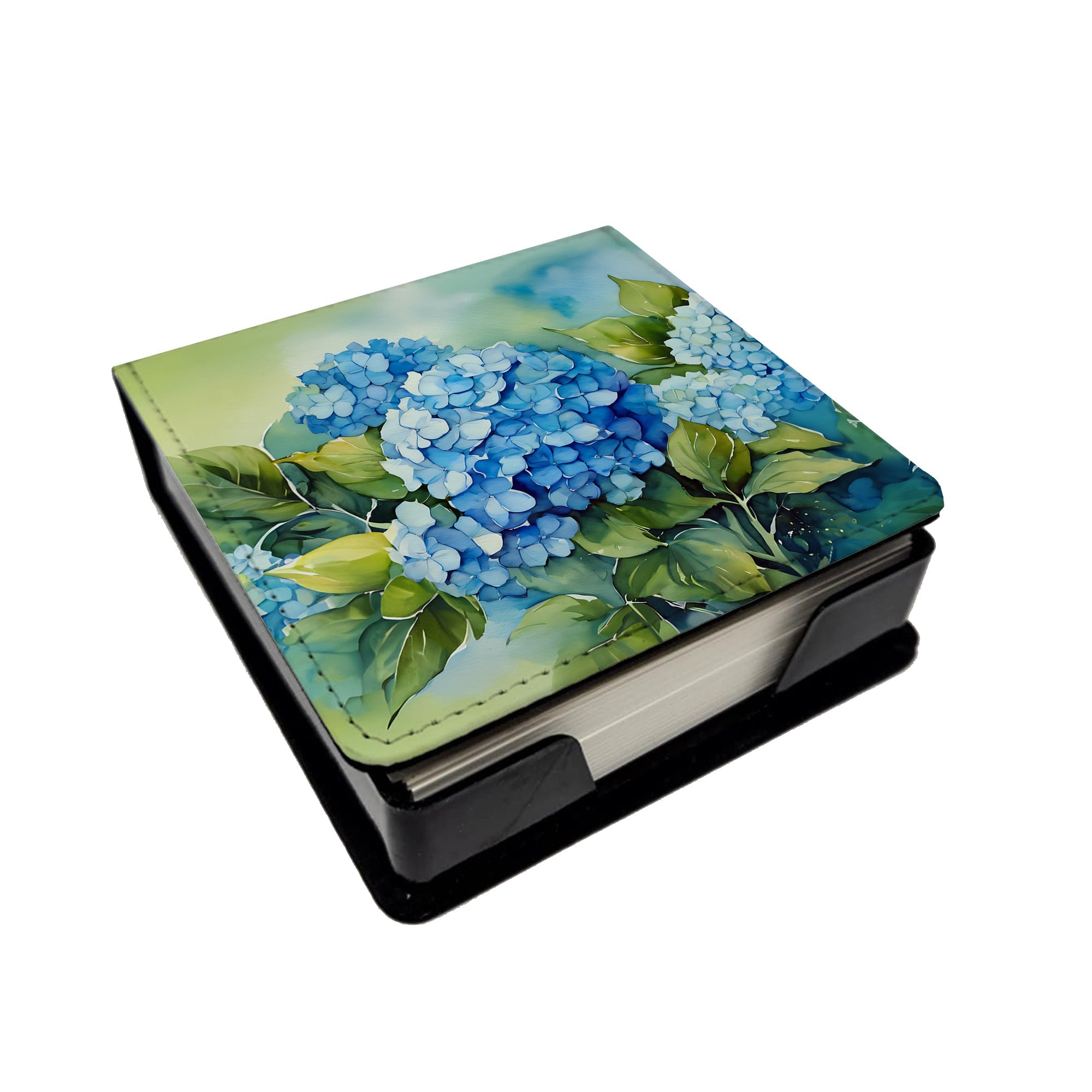 Hydrangeas in Watercolor PU Leather Note Paper Holder with Artist-Designed Cover, Desk Accessory, Office Gift