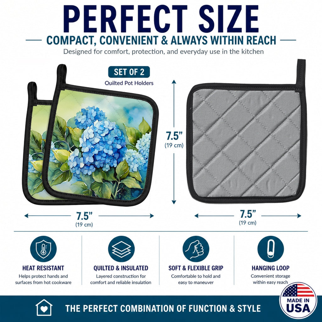 Hydrangeas in Watercolor Pot Holder Set of 2 Heat Resistant Quilted Hot Pads 7.5 x 7.5 Inch, Insulated Kitchen Trivets for Cooking & Baking
