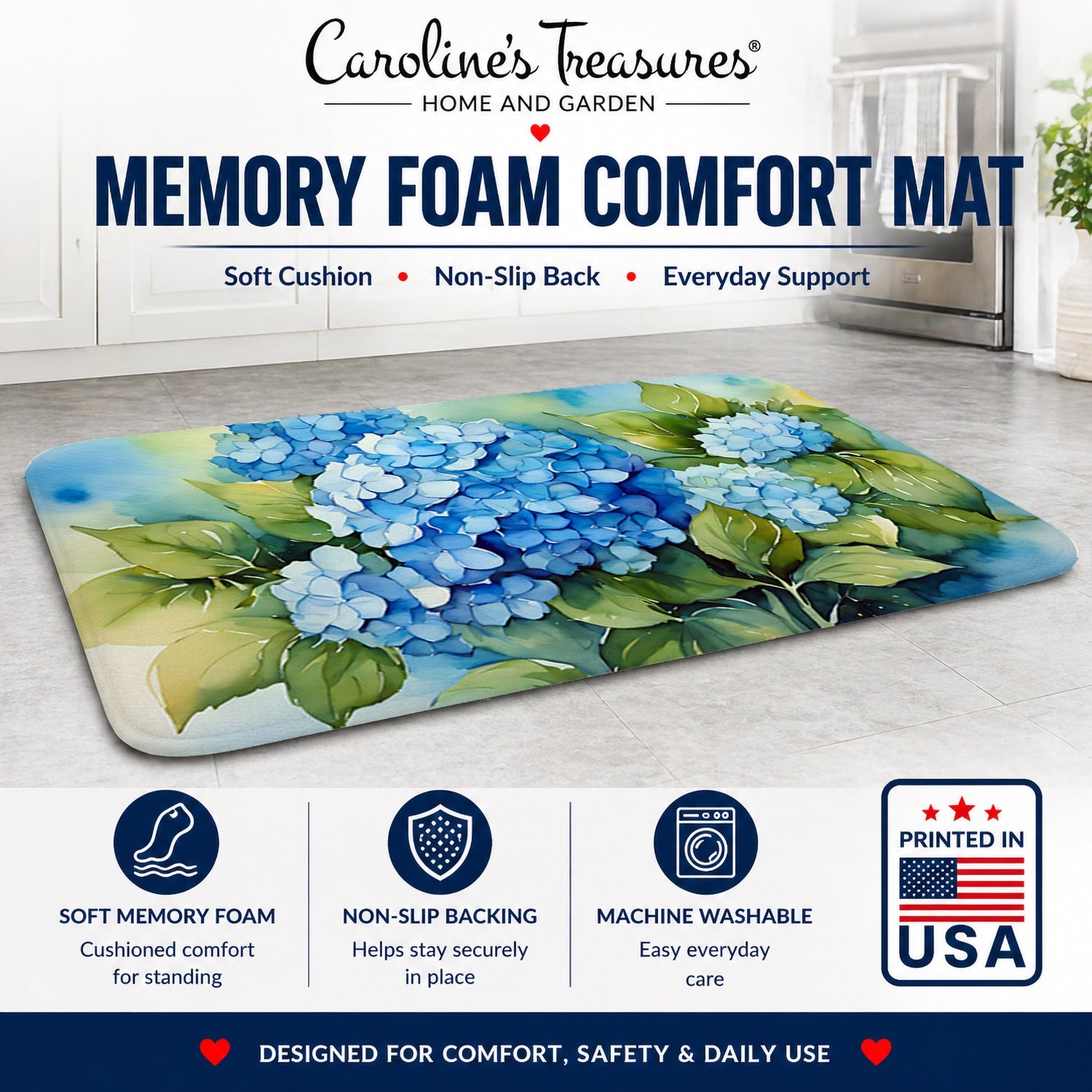 Hydrangeas in Watercolor Memory Foam Kitchen Mat Machine Washable Anti-Fatigue Cushion Comfort Bath or Kitchen Rug