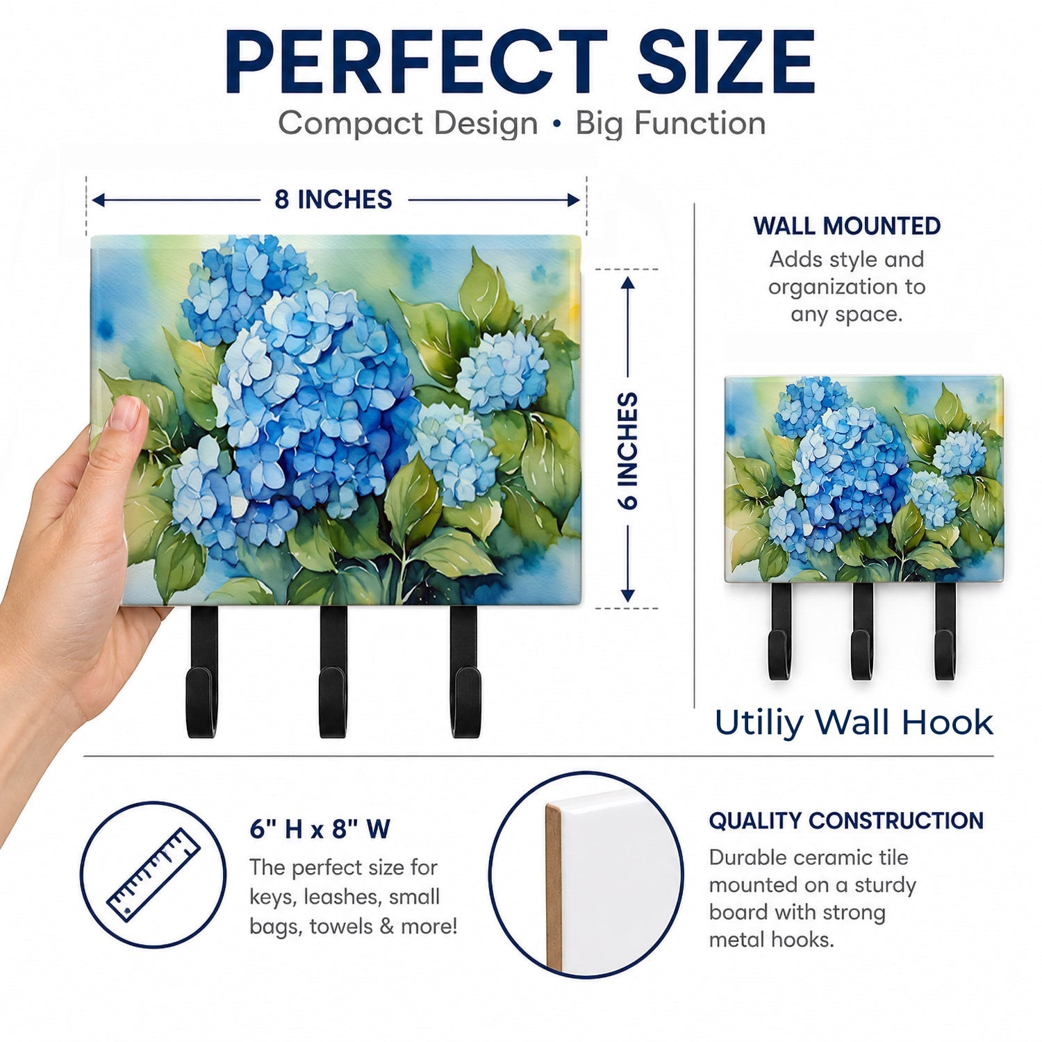 Hydrangeas in Watercolor Leash or Key Holder Wall Hooks, Coat Rack Wall Mount, for Hanging Keys, Towels, Aprons, Leashes