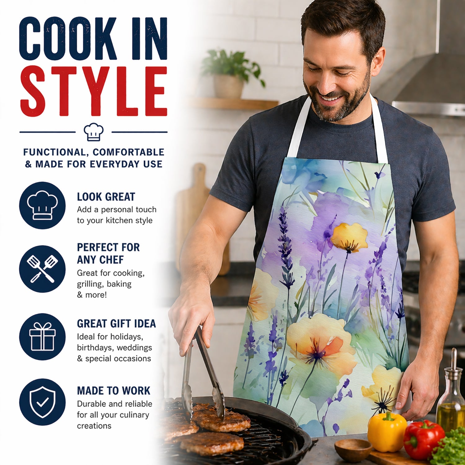 Lavender in Watercolor Apron Cooking Kitchen Server Baking Crafts Gardening for Adult Women Men, Unisex, Large, Multicolor