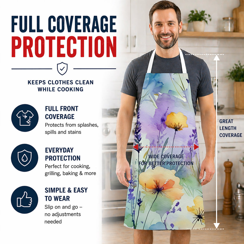 Lavender in Watercolor Apron Cooking Kitchen Server Baking Crafts Gardening for Adult Women Men, Unisex, Large, Multicolor