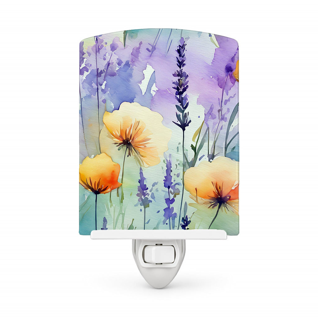 Lavender in Watercolor Ceramic Night Light Compact, UL-Certified, Ideal for Bedroom, Bathroom, Nursery, Hallway, Kitchen, 6x4x3, Multicolor