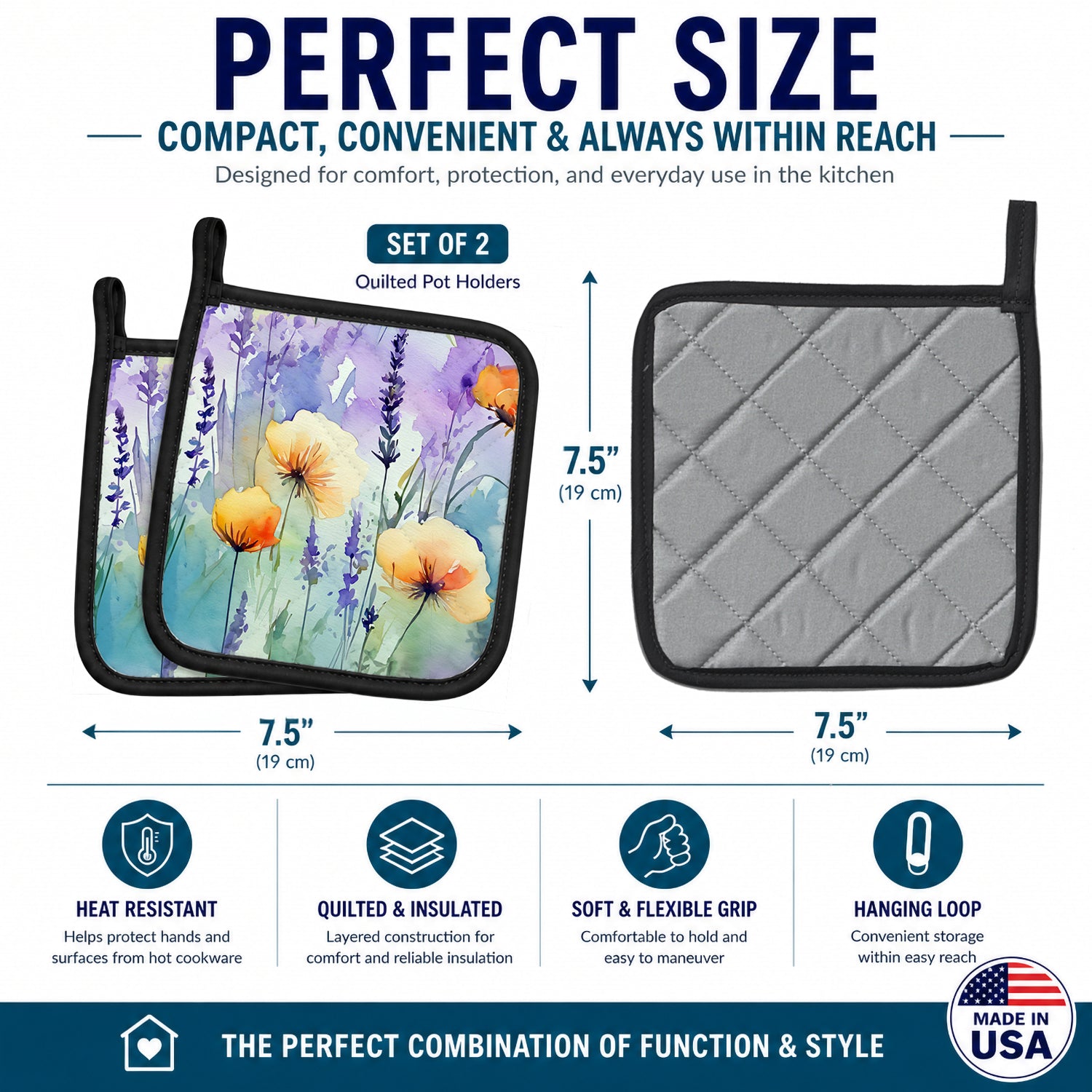 Lavender in Watercolor Pot Holder Set of 2 Heat Resistant Quilted Hot Pads 7.5 x 7.5 Inch, Insulated Kitchen Trivets for Cooking & Baking