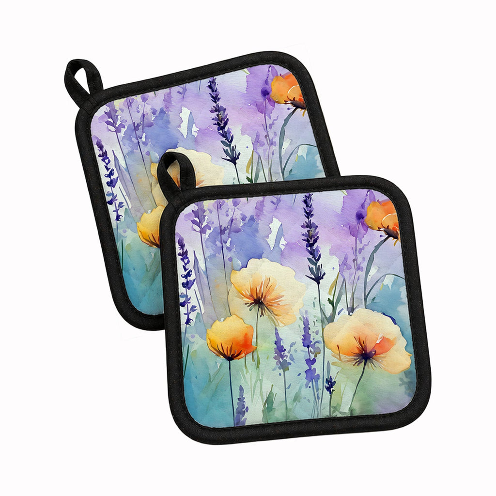 Lavender in Watercolor Pot Holder Set of 2 Heat Resistant Quilted Hot Pads 7.5 x 7.5 Inch, Insulated Kitchen Trivets for Cooking & Baking