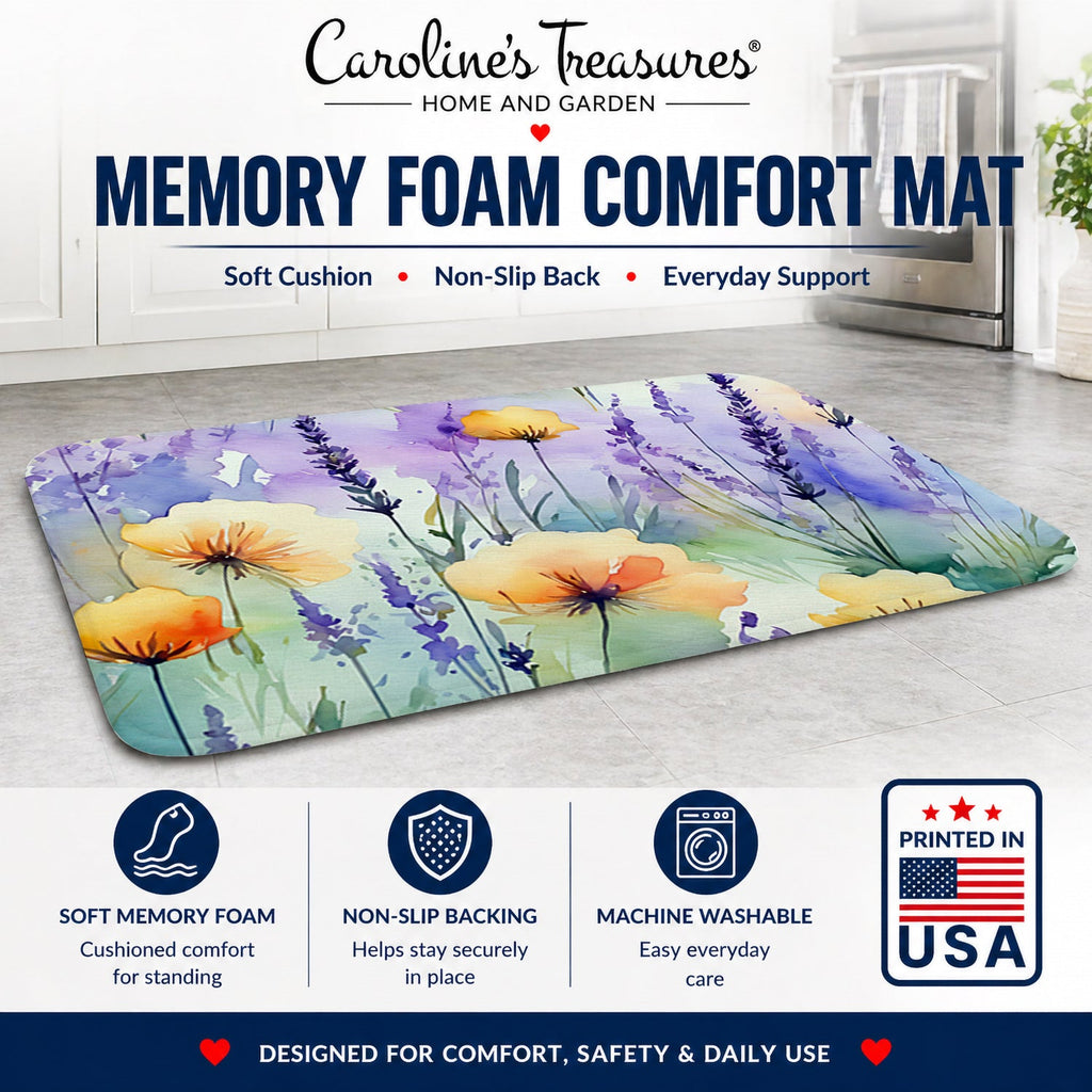 Lavender in Watercolor Memory Foam Kitchen Mat Machine Washable Anti-Fatigue Cushion Comfort Bath or Kitchen Rug